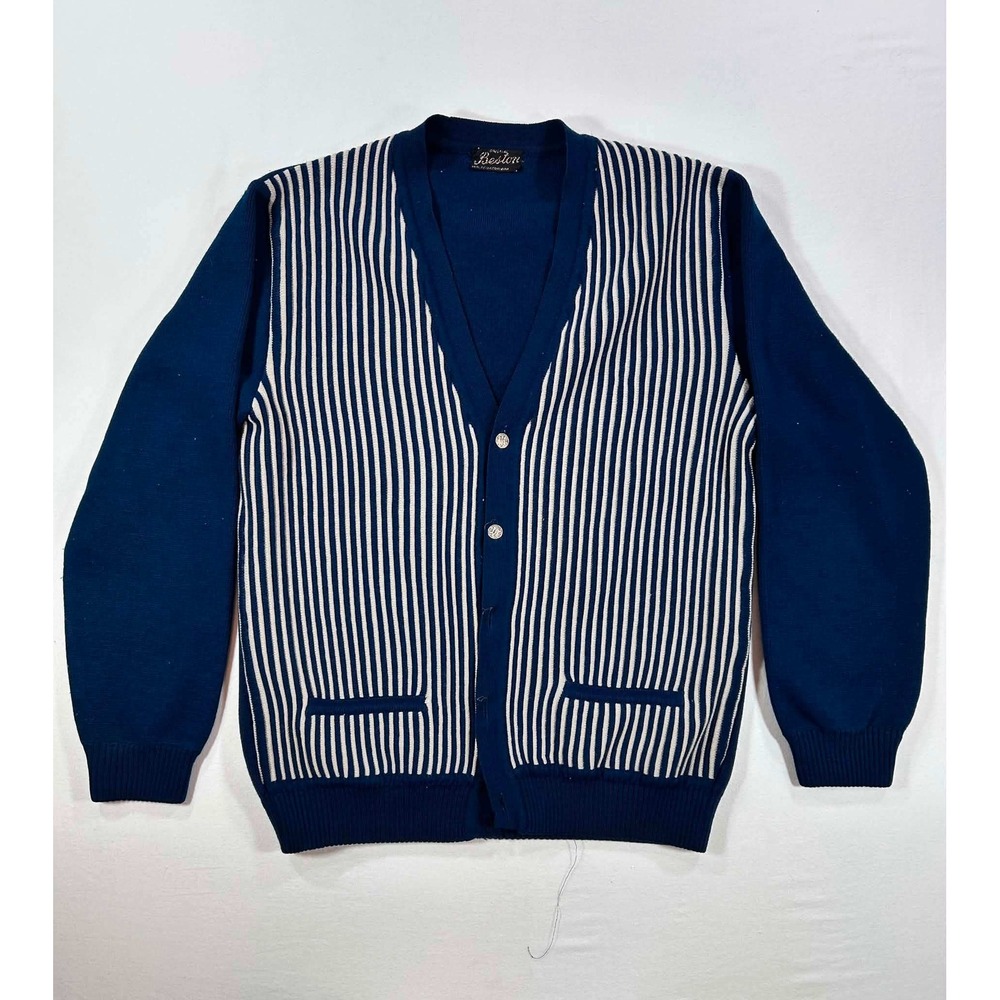Vintage Beston Blue White Striped Cardigan Sweater V-Neck Button Front Mens M